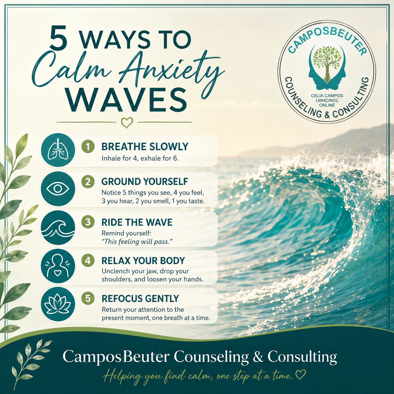 Five ways to calm anxiety waves infographic