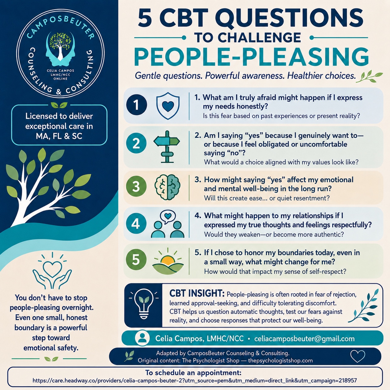 Five CBT questions to challenge people pleasing infographic