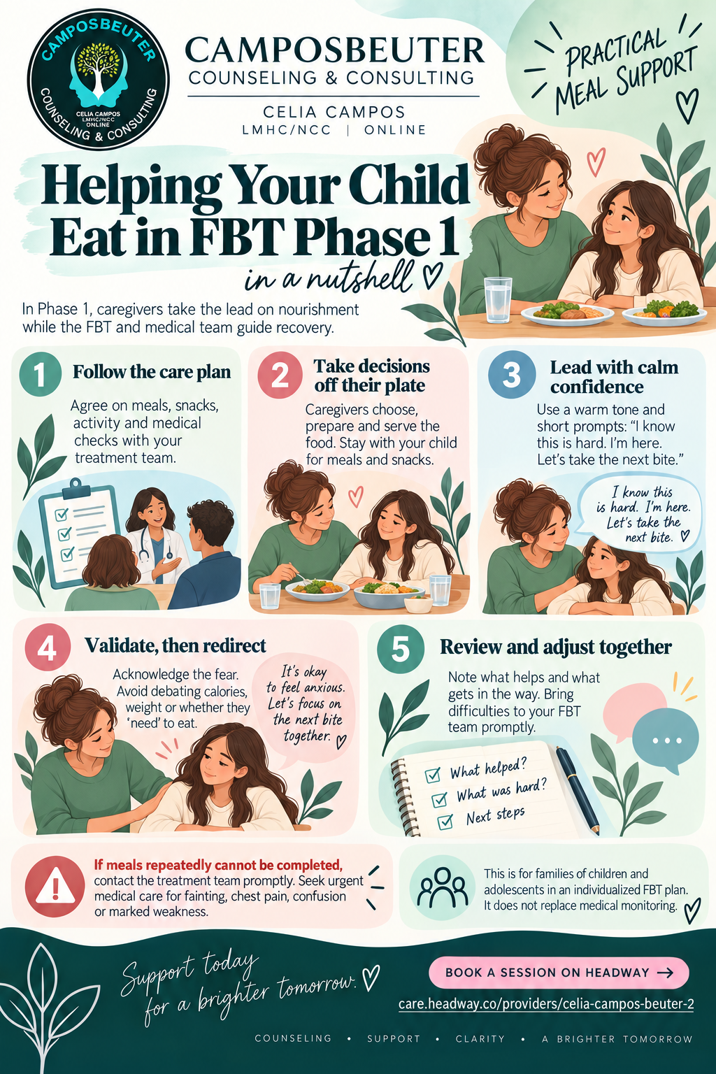 Practical steps for caregivers helping a child eat during FBT Phase 1