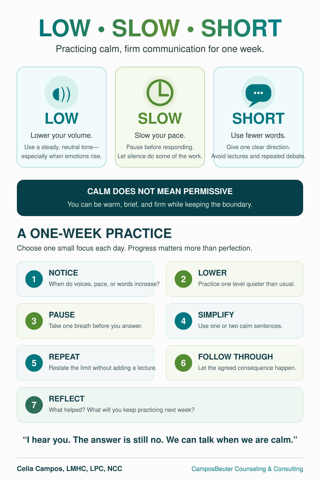 Low Slow Short one-week parenting practice handout