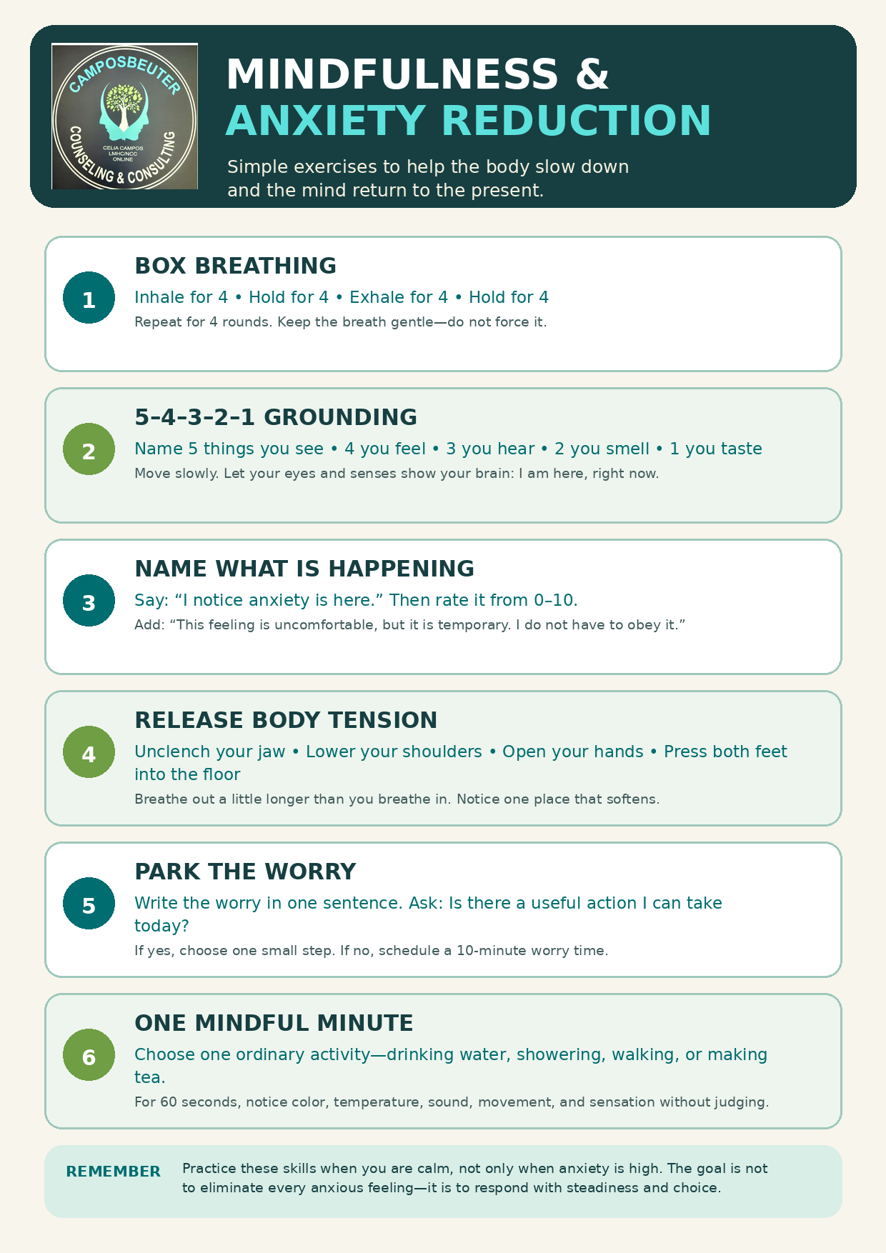 Mindfulness and anxiety reduction exercises infographic